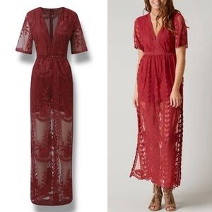 ELETER Burgundy Lace Maxi Dress Romper Medium Whimsigoth Event Wedding Evening